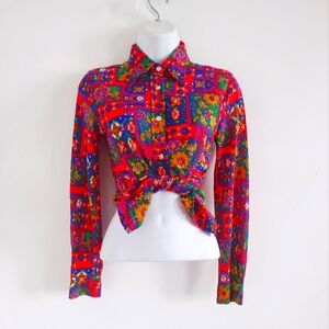 Vintage 60's Psychedelic Neon Multicolor Button Down Shirt Top